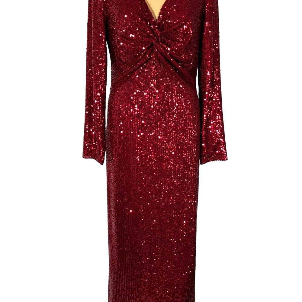 St. John Red Sequin Long Sleeve Evening Gown